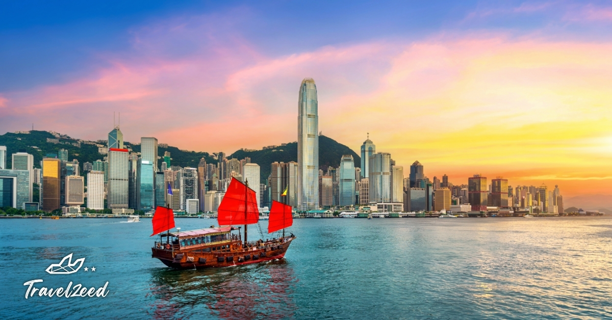 เขตปกครองพิเศษจีน ฮ่องกง เส้นขอบฟ้าเมืองและอ่าว แสดงระบบกฎหมายและเศรษฐกิจอิสระของ เอสเออาร์